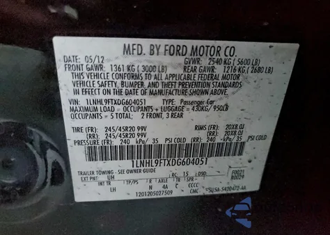 2013 Lincoln Mks z USA, uszkodzony, nr VIN 1LNHL9FTXDG604051